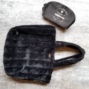 Victorias Secret Faux Fur Plush Tote Purse + Pouch